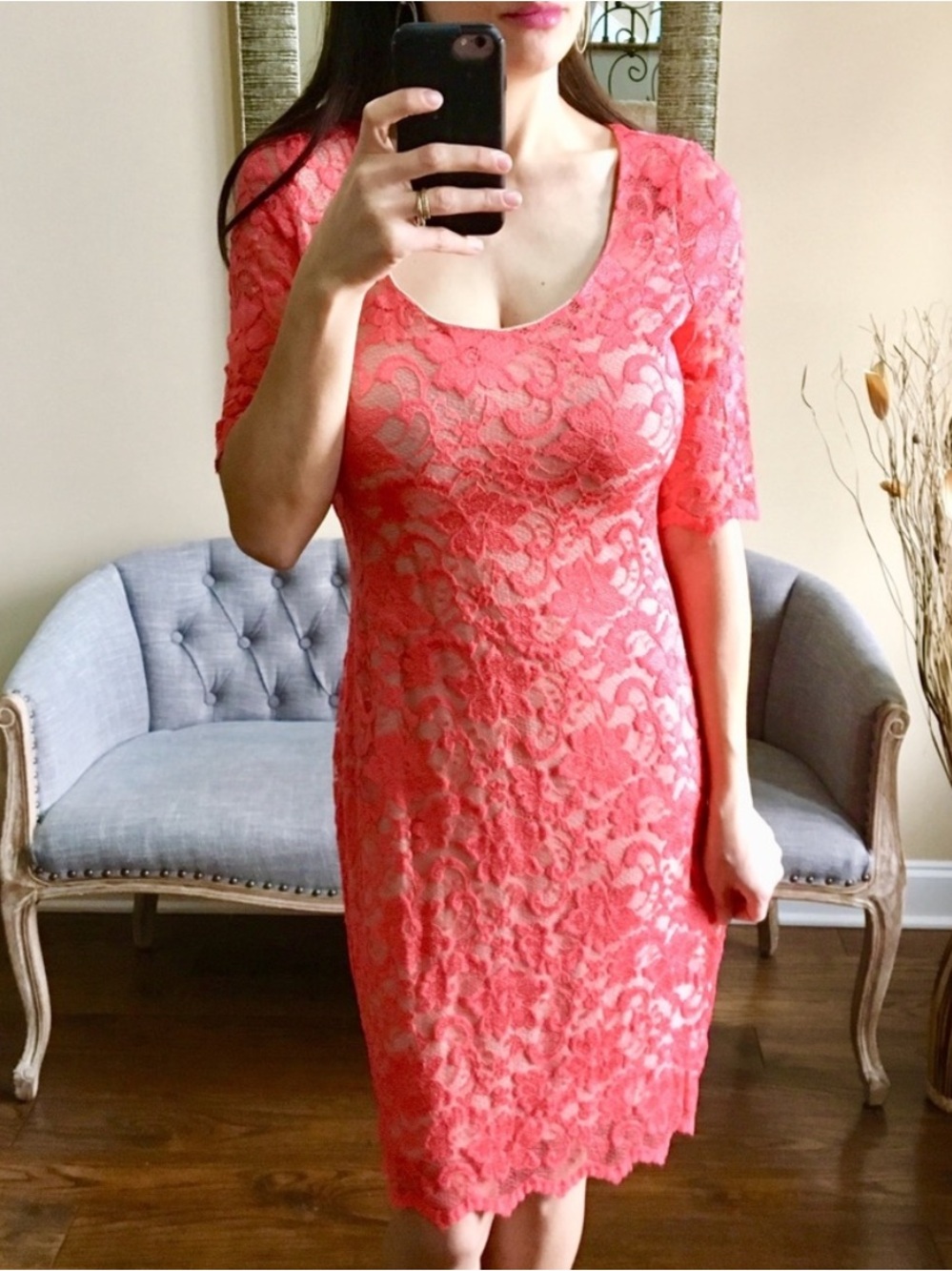 Badgley Mischka Coral Lace Sheath Dress NWT Size 10 Cocktail Wedding Guest